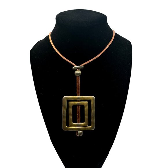 Handcrafted Brass Geometric Pendant Necklace With Adjustable Brown Leather Cord - Picture 1 of 5